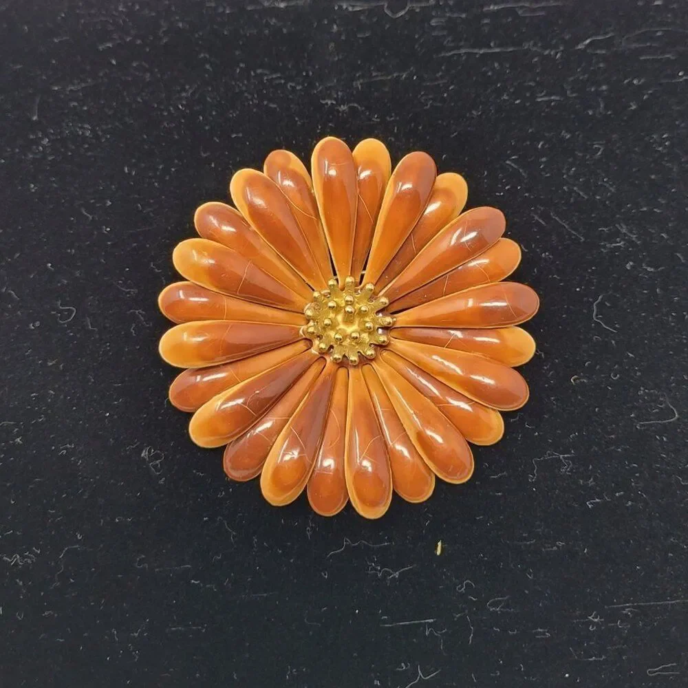 Vintage 60s‎ Brown Orange Enamel Flower Brooch Pin Mid-Century Mod Sunflower Lg